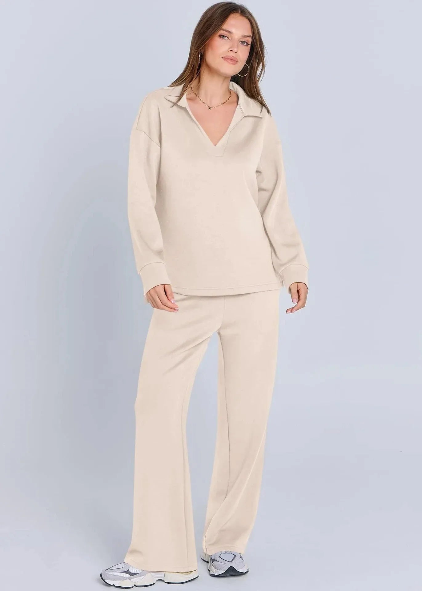 Relaxed Collar Pullover & Wide-Leg Pants Set