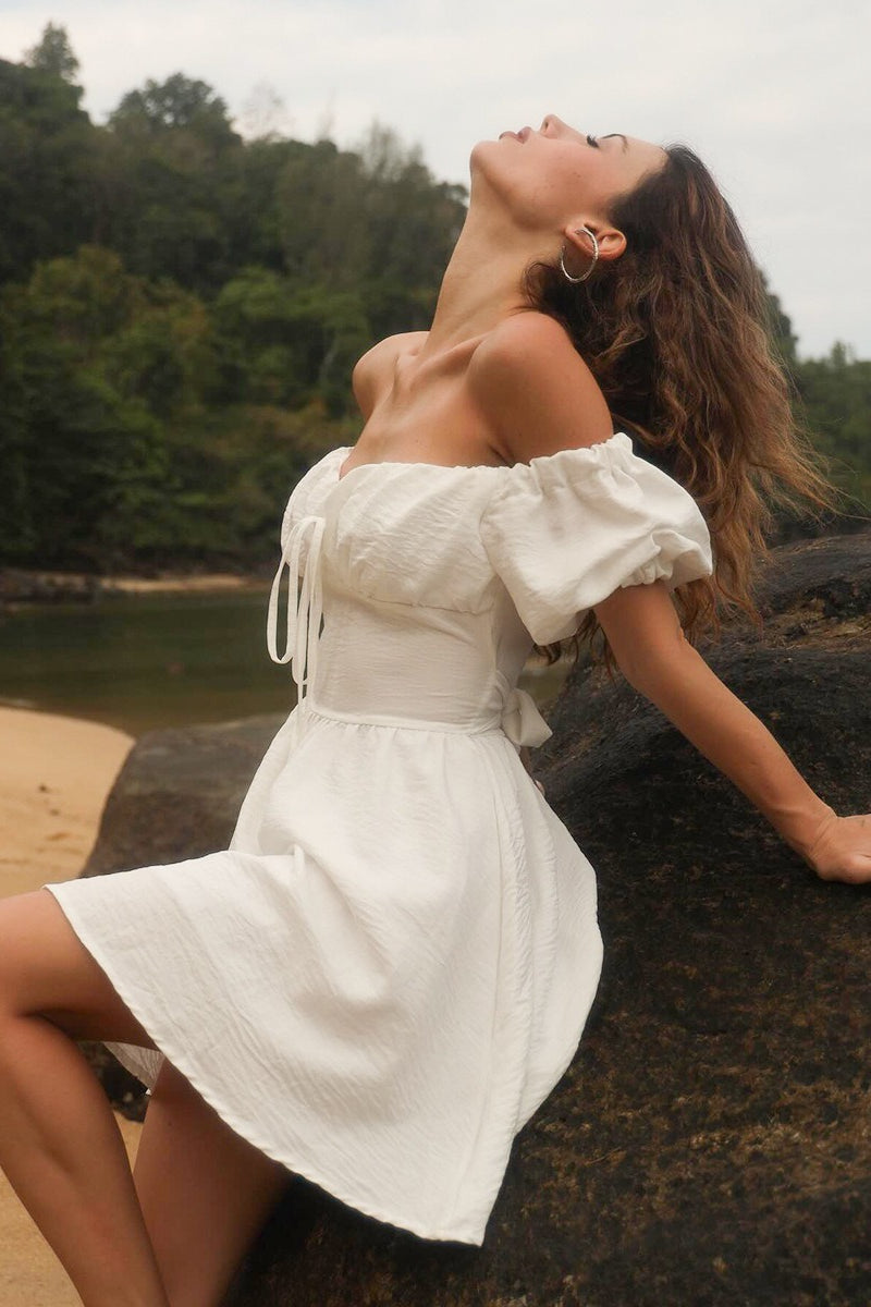 Off Shoulder Puff Sleeve Tie Back Bow A-Line Mini Dress