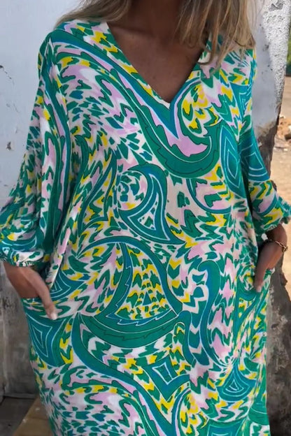 Printed V-neck Pullover Long-sleeved Loose Dress