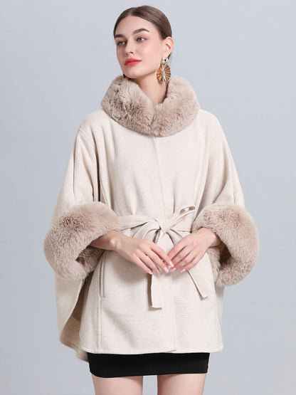Women Poncho High Collar Light Gray Oversized Faux Fur Cape