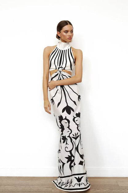 Sleeveless Print Cutout Slim Fit Maxi Dress