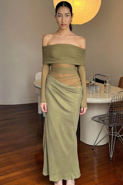 Off Shoulder Sheer Mesh Long Sleeve Ruched Bodice Draped Waist Panel Maxi Dress