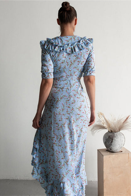 Floral Light Blue Ruffled Split Midi Skirt Two Piece Set