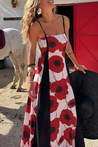 Floral Print Suspenders Paneled Back Pleated Maxi Dress