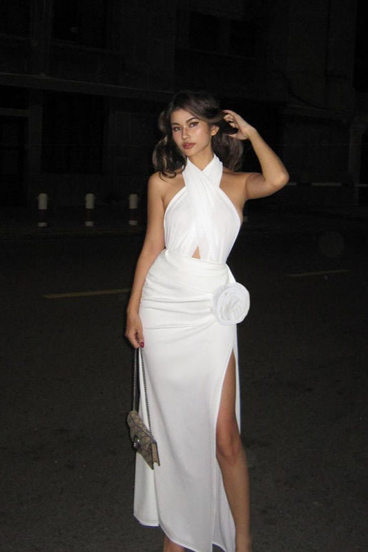 Sexy Halter Split 3D Floral Party Dress