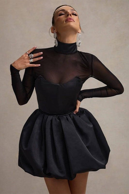 Mock Neck Sheer Mesh Long Sleeve Sweetheart Bustier Bubble Hem Mini Dress