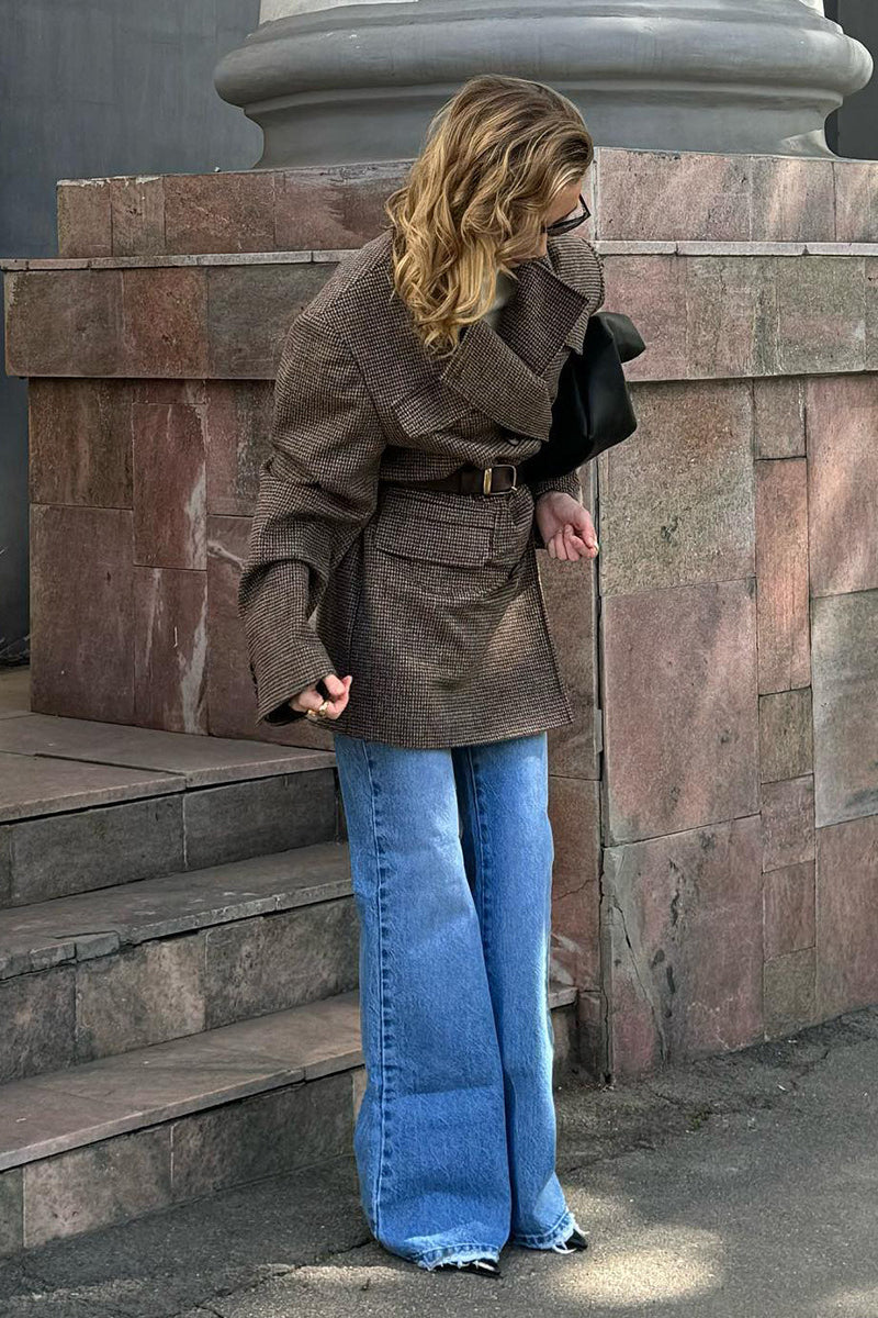 Houndstooth Wool Double Breasted Mid Length Trench Coat