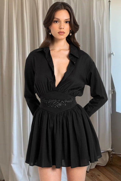 Collared Deep V-Neck Long Sleeve Embroidered Waist Fit and Flare Mini Dress