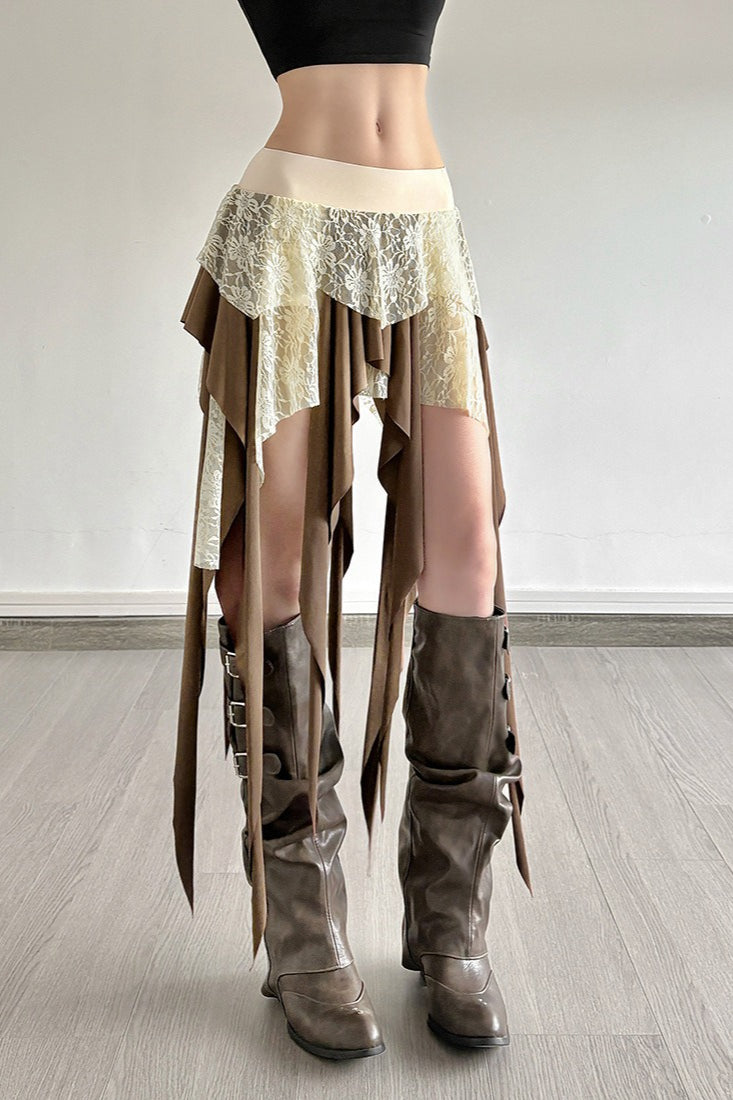 Sheer Lace Overlay Fringe Hem Skirt