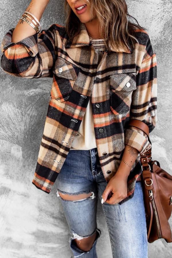 Brown Plaid Button Up Long Sleeve Flannel Shacket