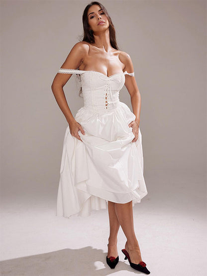White Corset Dress Cutout Wide Strap Lace Trim Backless Cottagecore Midi Dresses
