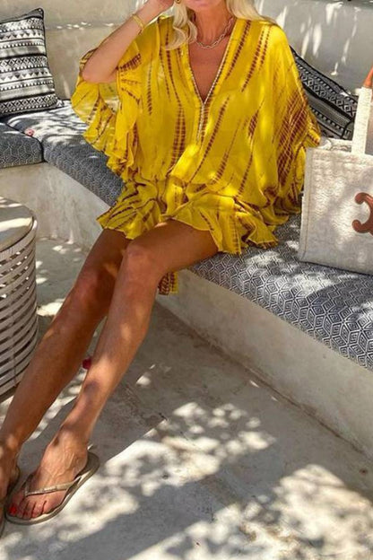 Lemon Flavor Tie Dye Ruffle Batwing Sleeve Elastic Waist Kaftan Mini Dress