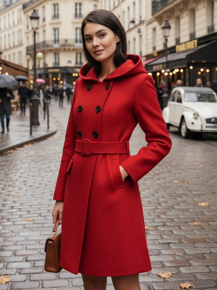 Hooded A-Line Midi Coat With Double-Breasted Design And Belt For Women 2026