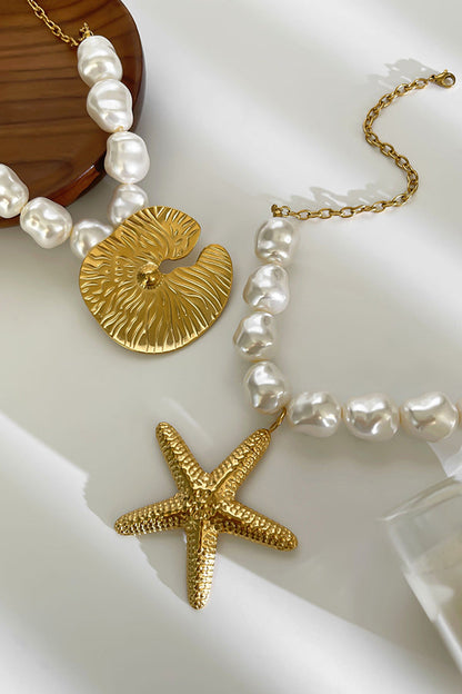 Bohemian Pearl Starfish Lotus Leaf Necklace