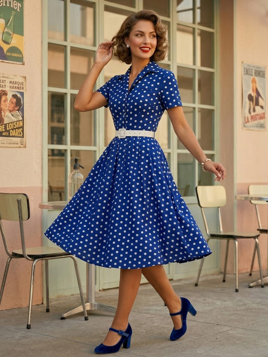 Retro Glamour Dress 1950s Style Turndown Collar Buttons Short Sleeves Polka Dot Swing Dress