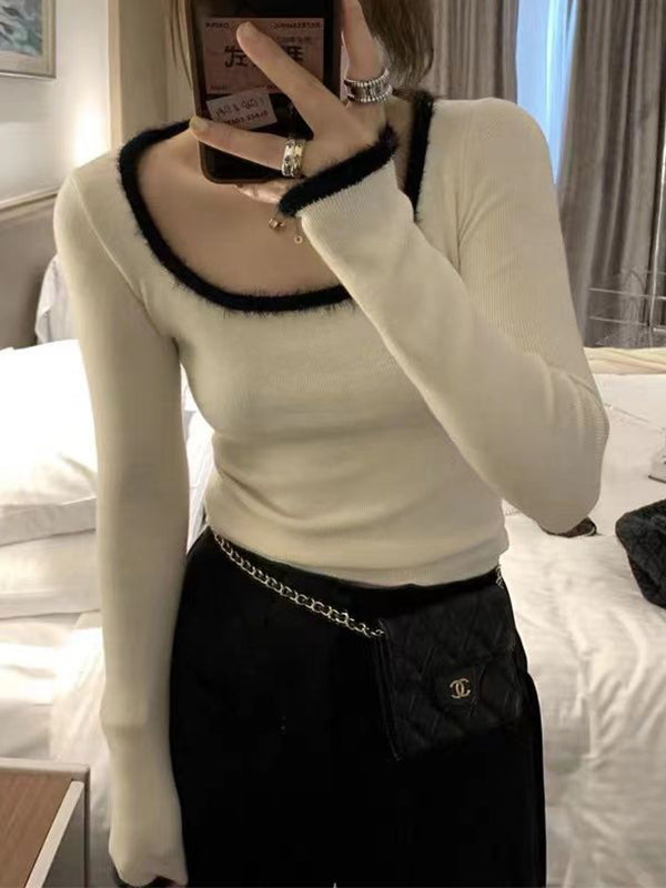 Plush Trim Splice Square Neck Slim Long Sleeve Knit