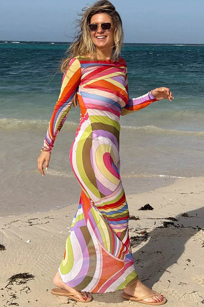 Swirl Print Mesh Long Sleeve Crew Neck Bodycon Maxi Dress