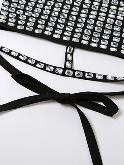 Rhinestone Decor Tie Up Backless Halter Vest