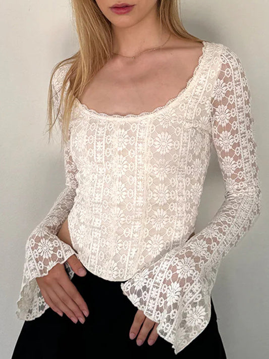Solid Color Lace Long Sleeve Tee