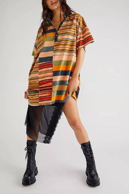 Mid-length Sleeve Lapel Contrast Striped Loose Casual Dress