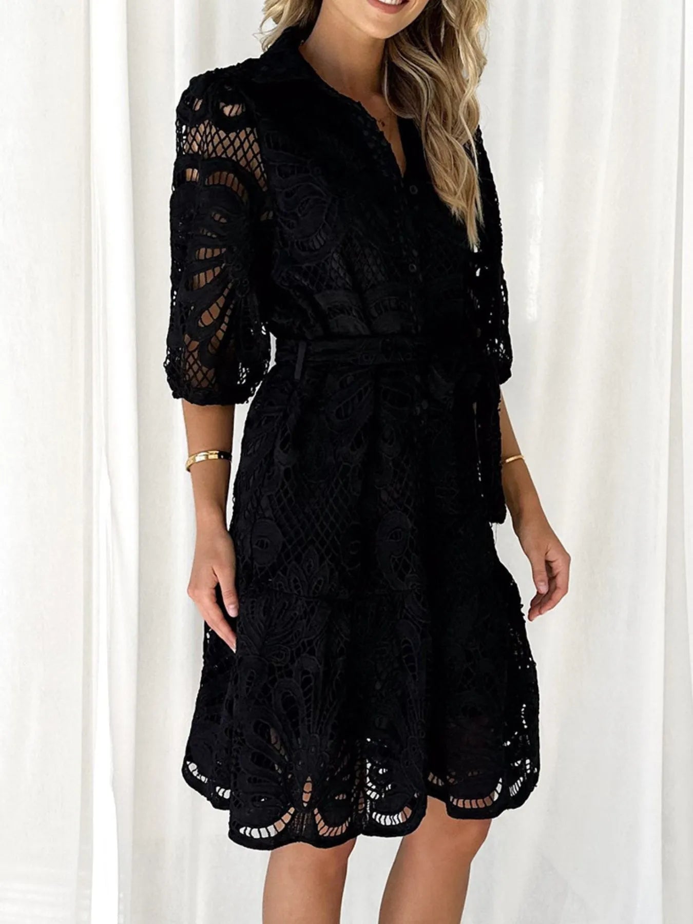Lace Collar Shirt Dress Puff Sleeve Tie Waist Tiered Midi Dress