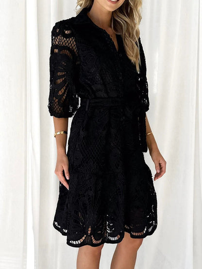 Lace Collar Shirt Dress Puff Sleeve Tie Waist Tiered Midi Dress