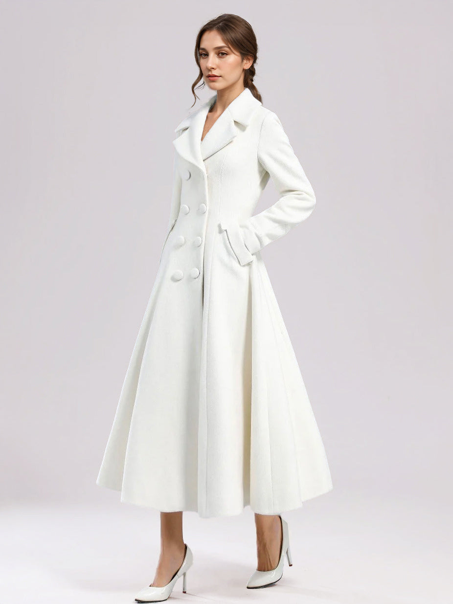 White Woolen Flared Coat For Woman Wide Lapel Double-breasted Winter A-line Midi Outerwear 2026