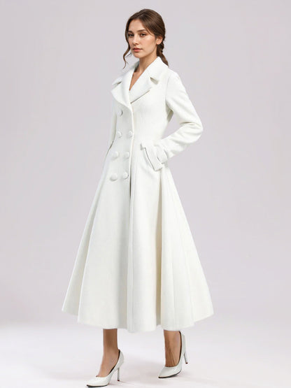 White Woolen Flared Coat For Woman Wide Lapel Double-breasted Winter A-line Midi Outerwear 2026