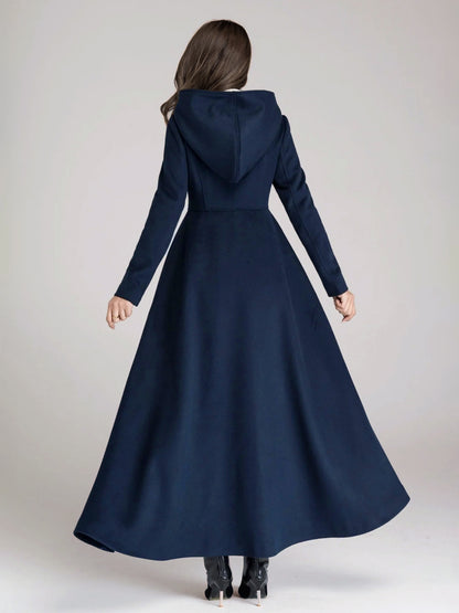 Wool Blend Coat With Hood Dark Navy A-line Flared Maxi Outerwear For Women 2026