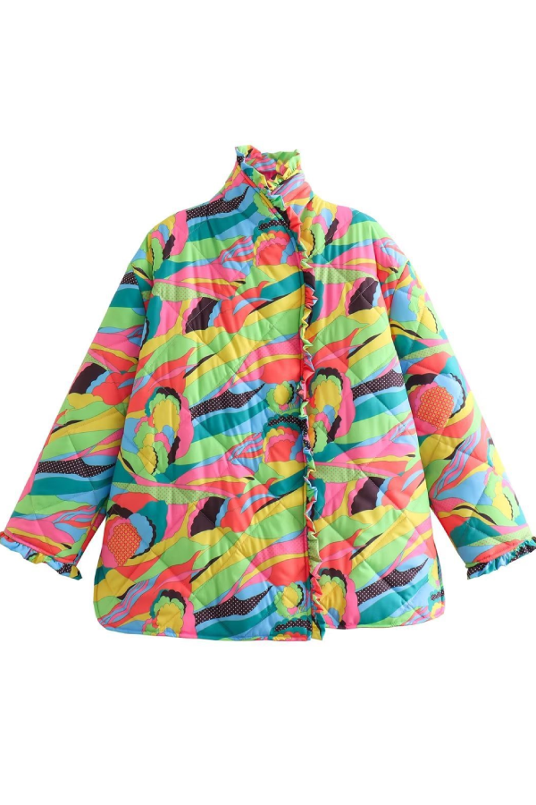 Printed Pleated Lace Trim Cotton Coat