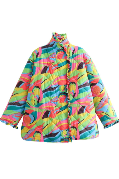 Printed Pleated Lace Trim Cotton Coat