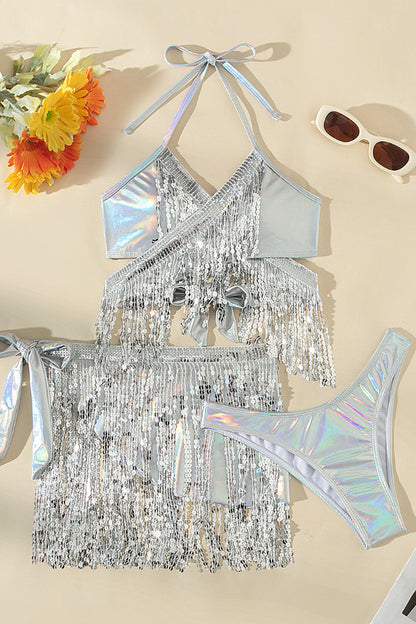 Metallic Halter Neck Tassel Stretch Bikini Swimsuit and Tassel Tie Skirt Three-piece Set