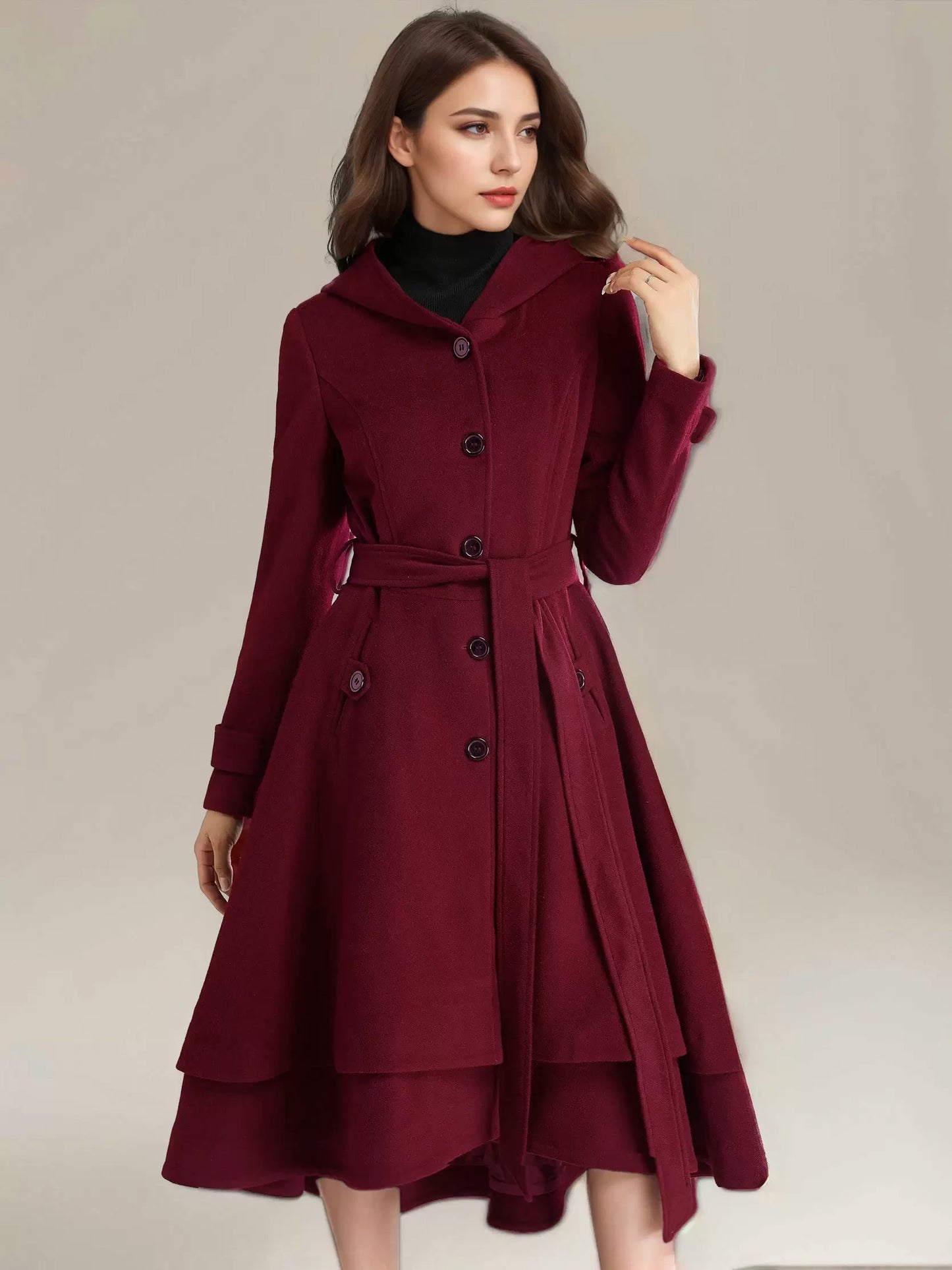 Woolen Flared Coat For Woman Hooded Belted A-line Vintage Winter Midi Outerwear 2026