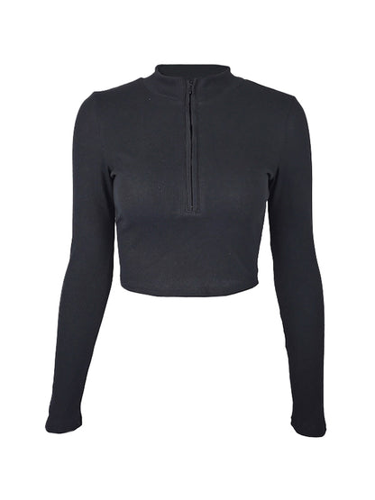Solid Color Ribbed Zip Up Crop Long Sleeve Knit