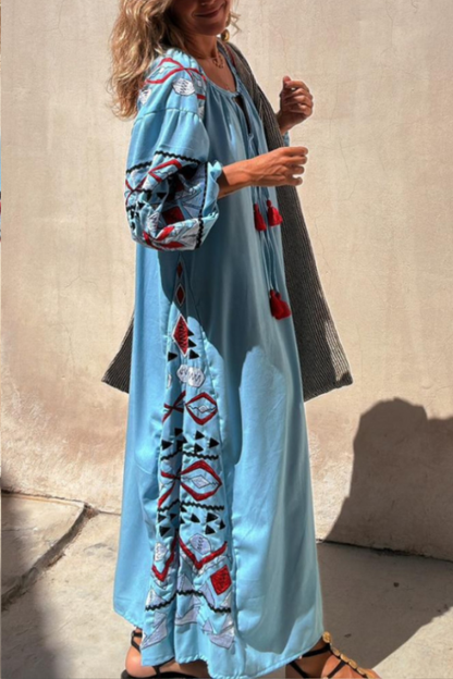 Blue V-neck Tie Ethnic Style Retro Print Long Skirt