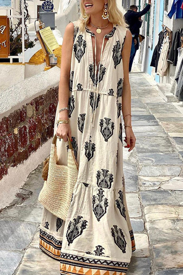 Elegant Sleeveless Mid Length Bohemian Print Dress
