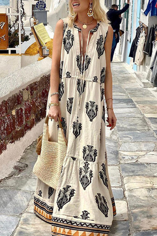 Elegant Sleeveless Mid Length Bohemian Print Dress