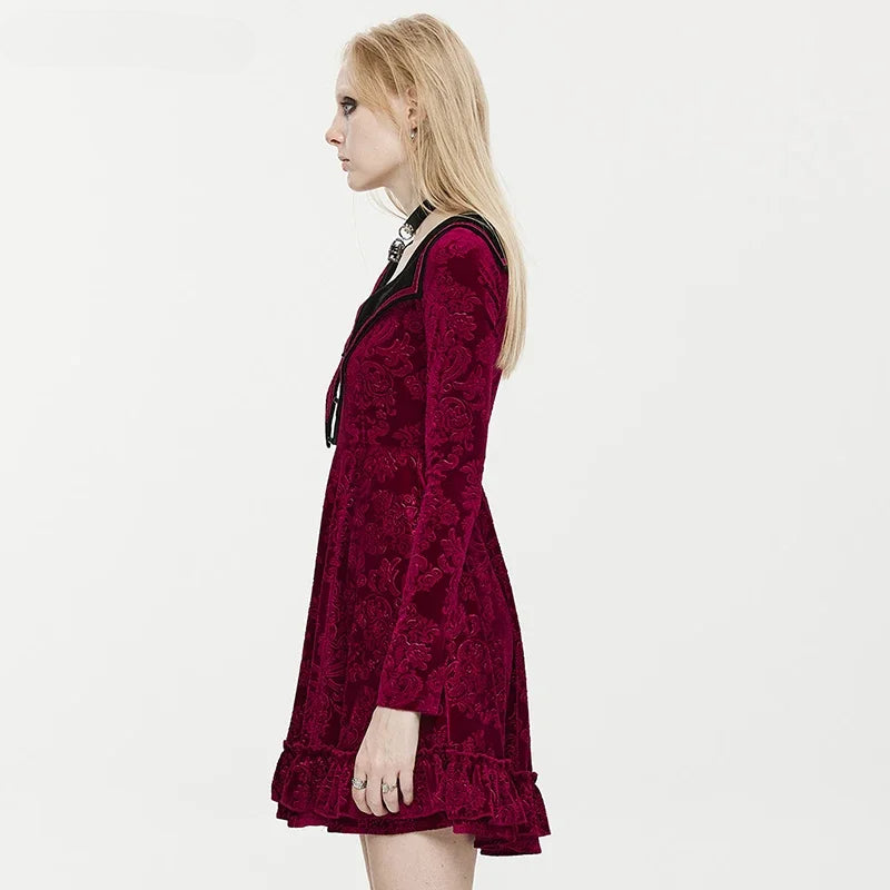 Gothic Damask Velvet Pointed Collar Button Front Ruffle Hem Mini Dress