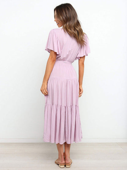 Boho Ruffle Tiered Midi Dress for Women - Lilac V Neck Flutter Sleeve A-Line Flowy Wrap Sun Dress - Summer Wedding Guest 2026