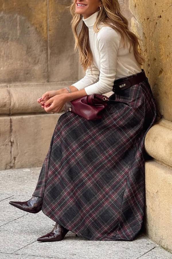 Retro style wide hem plaid skirt