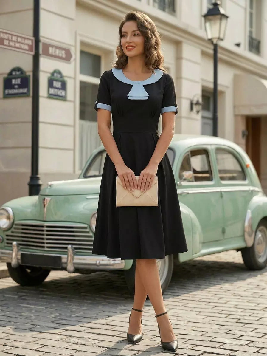 Contrast Peter Pan Collar A-line Summer Swing Midi Dress For Women 2026