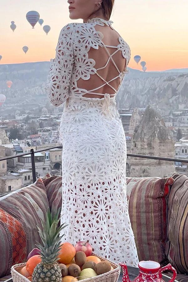 Forever Sunsets Crochet Back Lace-up Coverup Maxi Dress