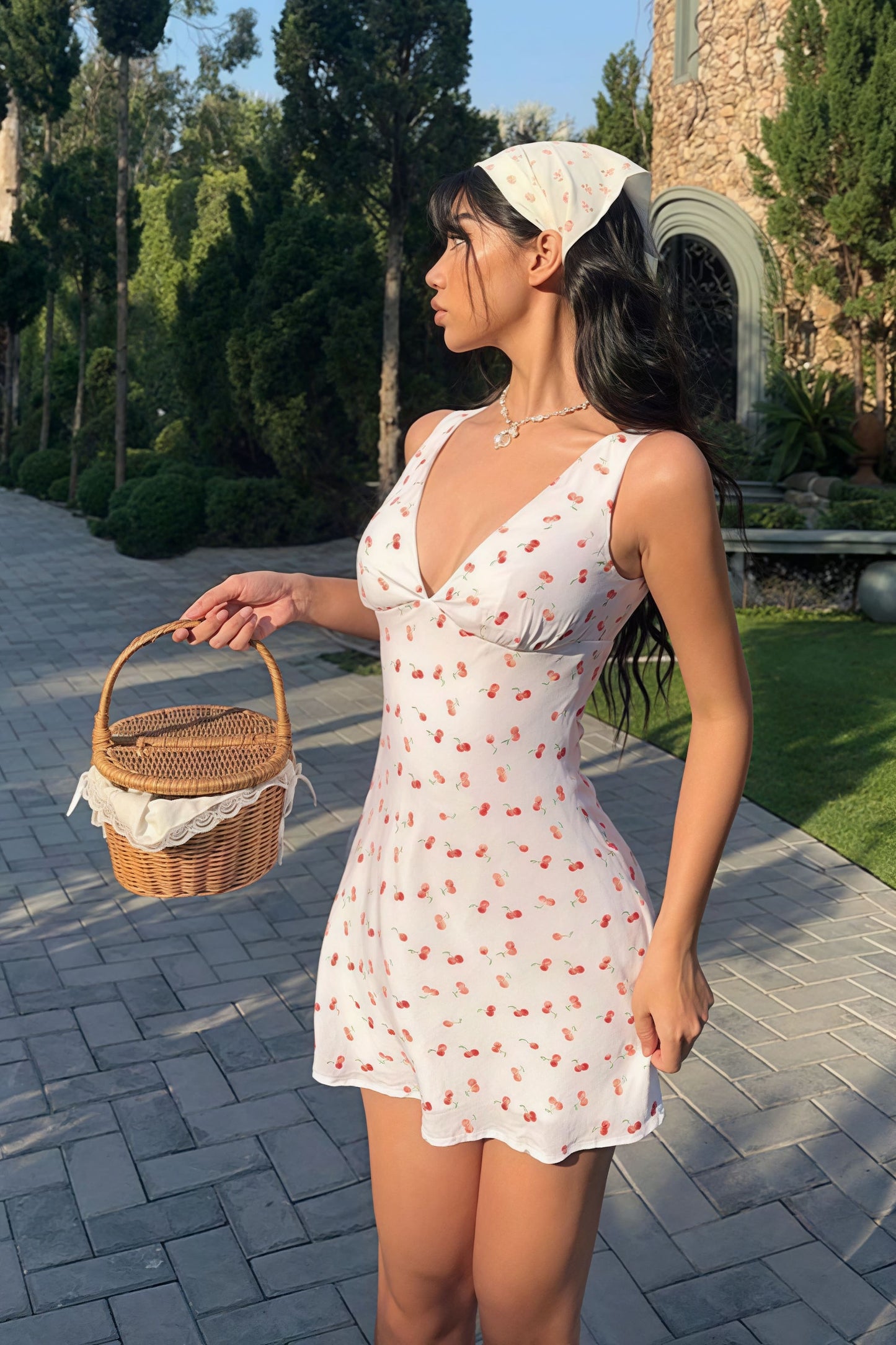 Print Empire Waist Tank Strap Deep V-Neck A-Line Mini Dress