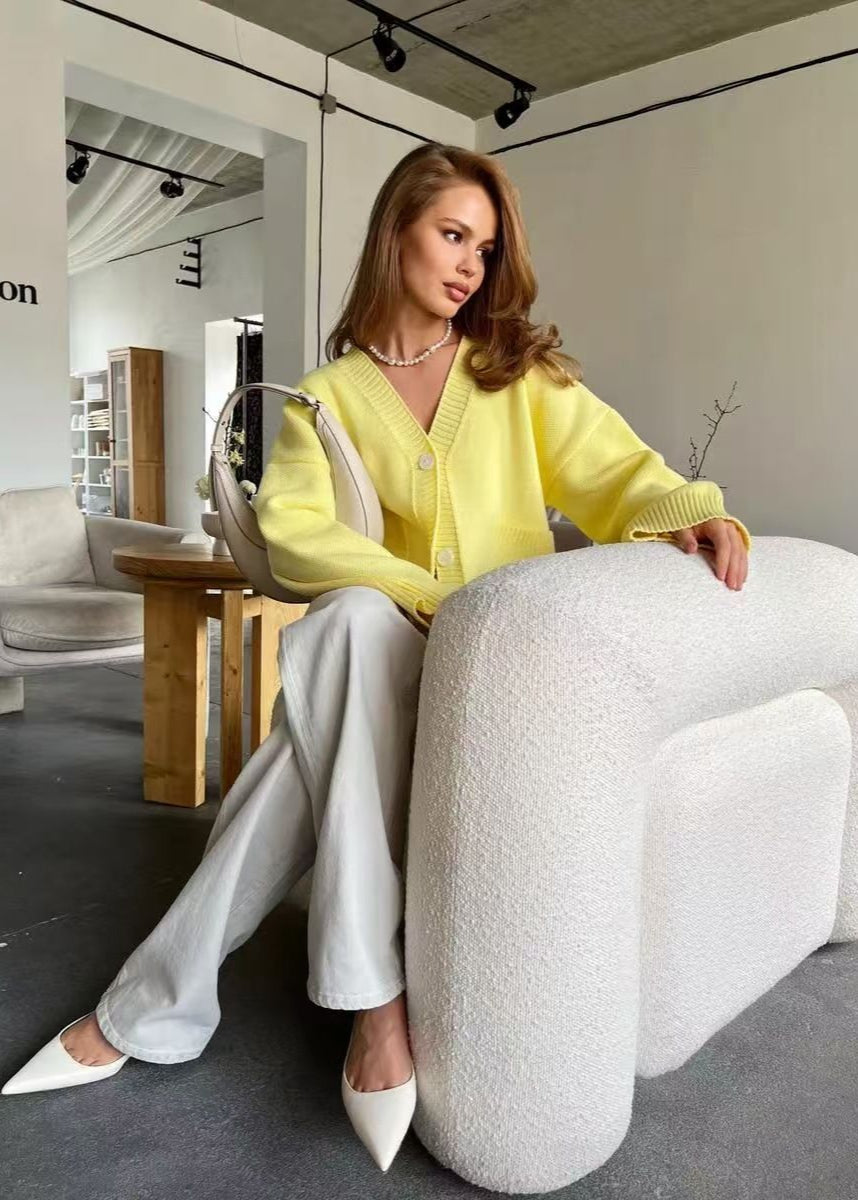 Bright Yellow Oversized Cardigan - Women’s V-Neck Knit Sweater