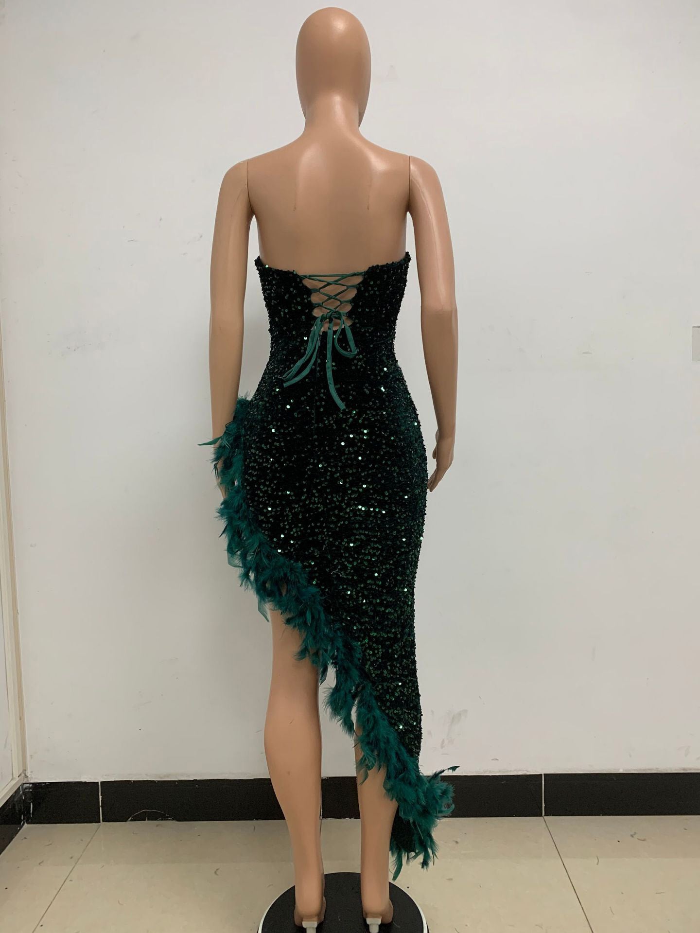 Burgundy Sequin Dresses Strapless Plunge Lace-up Back Feather Birthday Party Dresses