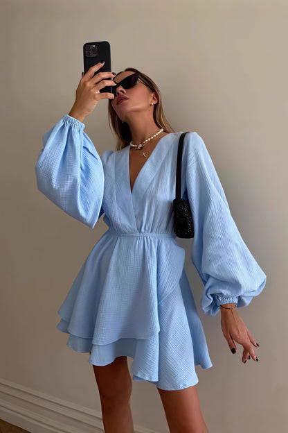 Wrap V-Neck Balloon Sleeve Tiered Ruffle Crinkle Mini Dress
