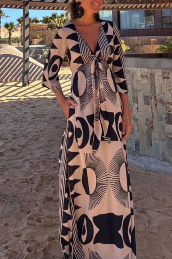Unique Print V-Neck Tie Loose Pocket Casual Maxi Dress