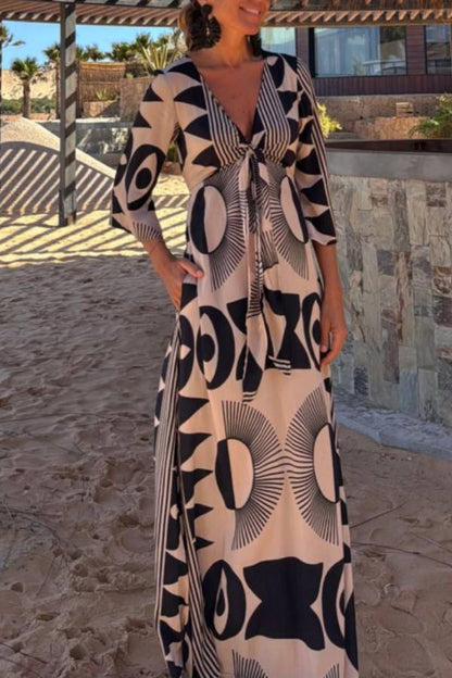 Unique Print V-Neck Tie Loose Pocket Casual Maxi Dress