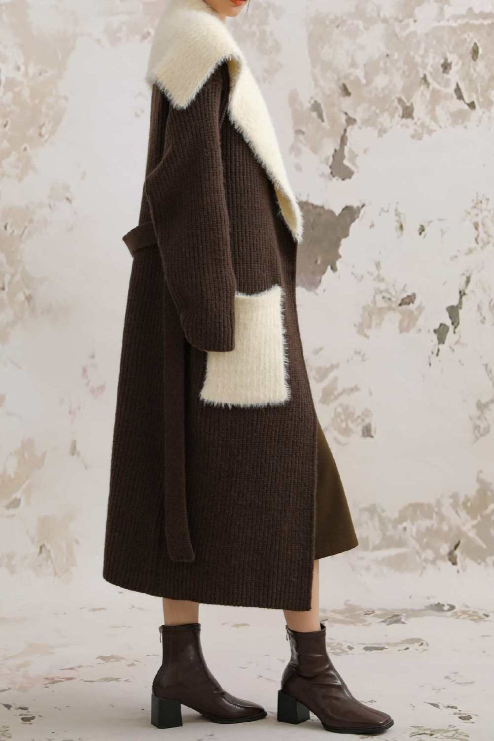 Faux Fur Collar Long Patchwork Loose Knit Overcoat
