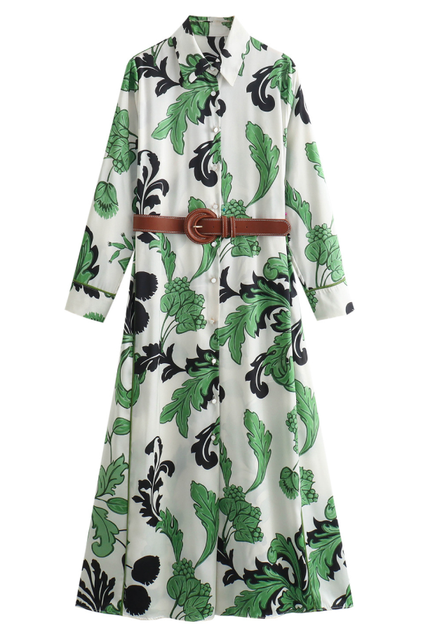 Long Sleeve Belted Waist Shirt-Style Long Dress